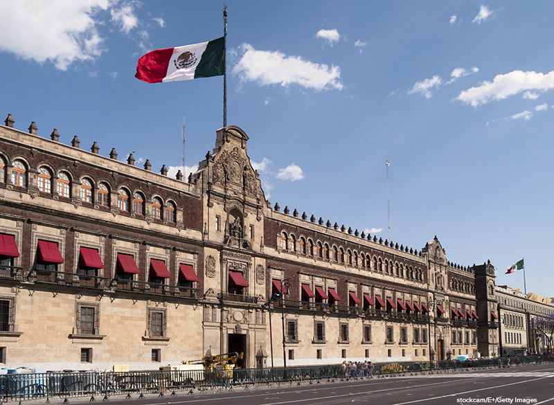 The main entrance with the Bell of Freedom, Palacio Nacional, Mexico City, Mexico.The National Palace, (or Palacio Nacional in Spanish), is the seat of the Mexican president and the federal executive in Mexico.