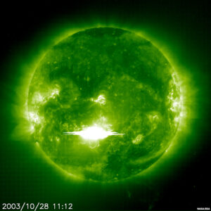 An x-ray image of a solar storm on October 28, 2003.
