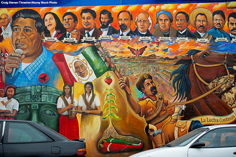 The mural Toltecas en Aztlan at Chicano Park, Barrio Logan, under the San Diego-Coronado Bay Bridge, San Diego, California