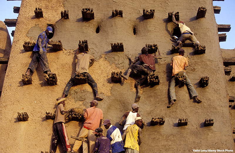 People working on restoring and applying the Grand Mosque with fresh mud