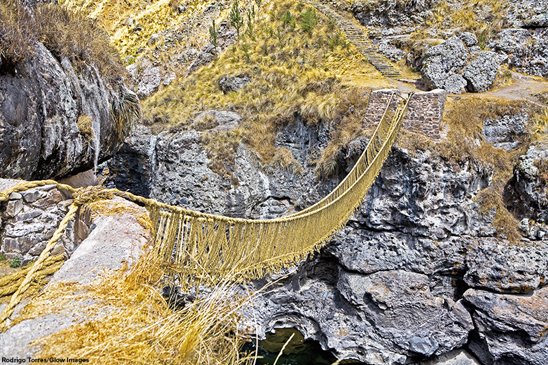 High angle view of a rope bridge across a mountain, Queswachaca, Peru