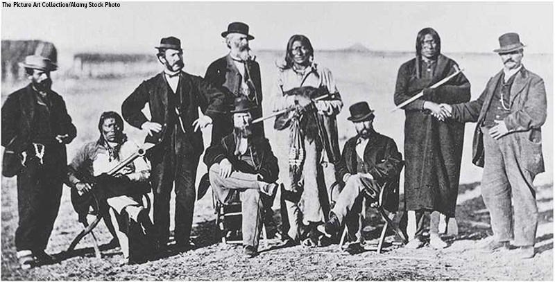 Lakota leaders with U. S. peace commissioners during the negotiation of the 1868 Treaty of Fort Laramie 