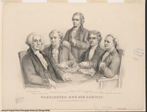 Engraving of President George Washington, Secretary of War Henry Knox, Secretary of Treasury Alexander Hamilton, Secretary of State Thomas Jefferson and Attorney General Edmund Randolph.