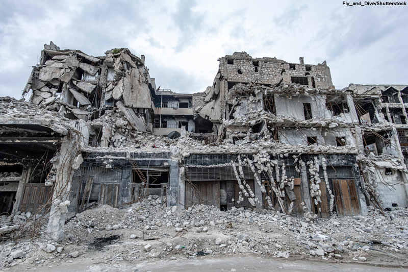 City of Aleppo and destroyed building in Syria 2019