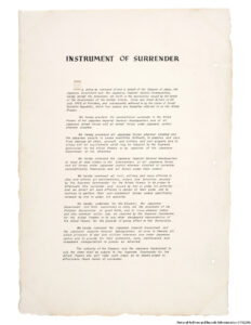 photograph of page 1 of the terms of surrender on V-J Day, September 2, 1945