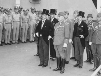 Japanese World War II surrender signatories, standing in front are: Foreign Minister Mamoru Shigemitsu and General Yoshijiro Umezu Chief of the Army General Staff, aboard the USS MISSOURI, September 2, 1945.