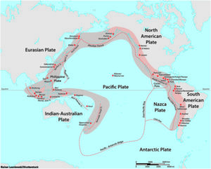 map of the Pacific Ring of Fire with the main volcanoes