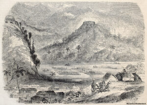 Old illustration of landscape with chinampas (floating gardens) in central America.