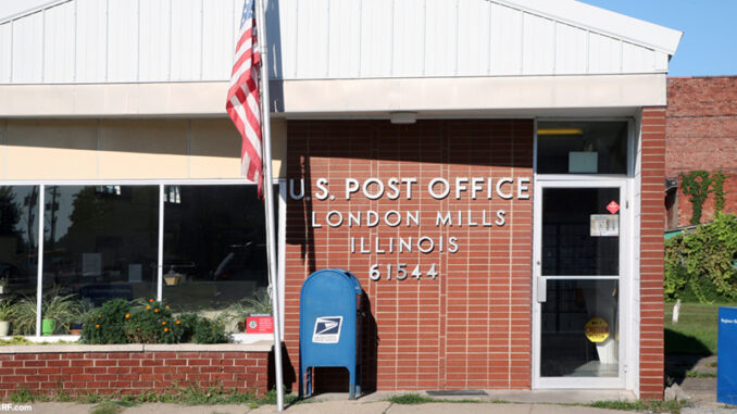 Exterior view of the United States Post Office building, London Mills. Illinois,