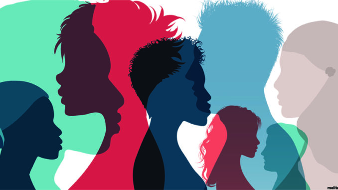 Multicolored graphic of many featureless human figures drawn in profile, overlapping