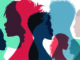 Multicolored graphic of many featureless human figures drawn in profile, overlapping
