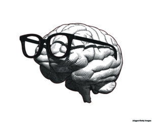human brain with old retro glasses illustration in side view isolated on white background