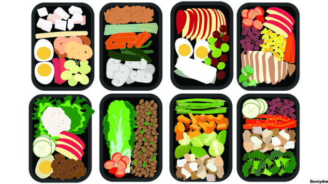 graphid of different meals in black trays