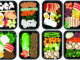 graphid of different meals in black trays