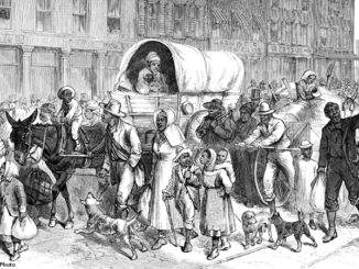 black and white drawing of the Exoduster Movement, 1879