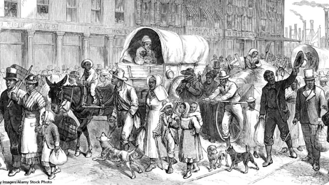 black and white drawing of the Exoduster Movement, 1879