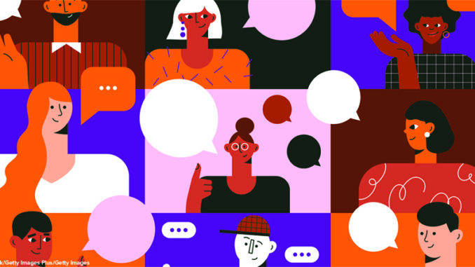 Diverse people talk. Expressing opinion, communication. Face avatars set. Group. Team call. Abstract