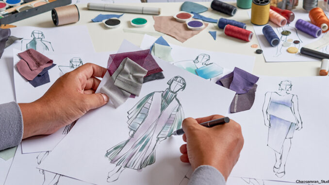 Fashion designer stylish drawings sketches textile fabric material