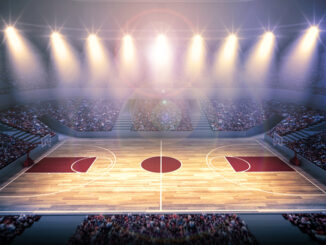 art of basketball arena with shining overhead lights