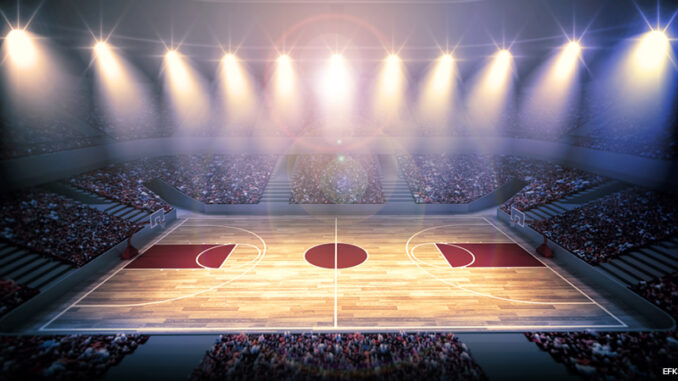 art of basketball arena with shining overhead lights