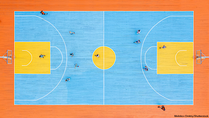 ariel view of a basketball court