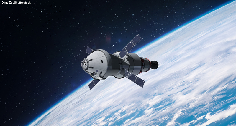 Orion spacecraft flight in space Spaceship on orbit of Earth.