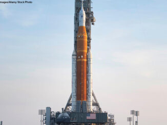 NASA's Space Launch System (SLS) rocket with the Orion spacecraft aboard is seen atop the mobile launcher at Launch Pad 39B