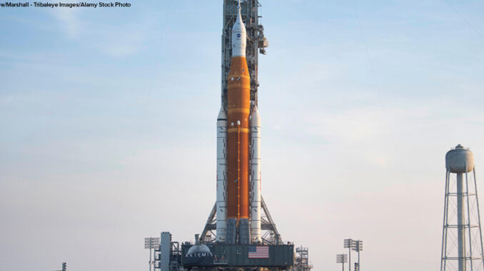 NASA's Space Launch System (SLS) rocket with the Orion spacecraft aboard is seen atop the mobile launcher at Launch Pad 39B