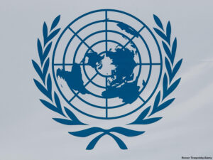 A blue UN logo on a white background.