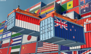shipping containers decorated with international flag designs.