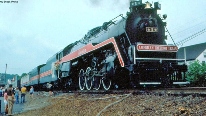 The American Freedom Train Engine from 1976, part of a historic nationwide tour celebrating the United States Bicentennial, showcasing American history.