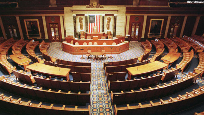 The Chamber of the House of Representatives is shown empty,